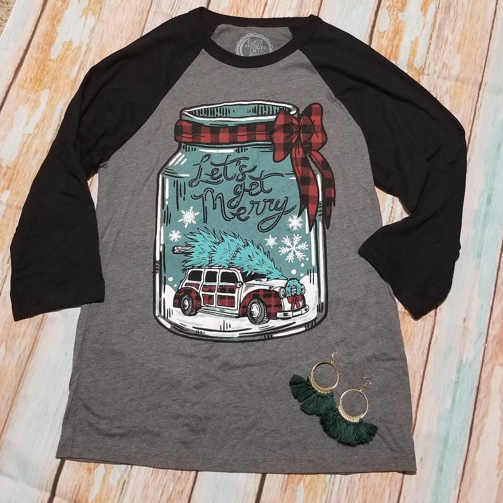 "Let's Get Merry" Rowdy Crowd Baseball Christmas Shirt